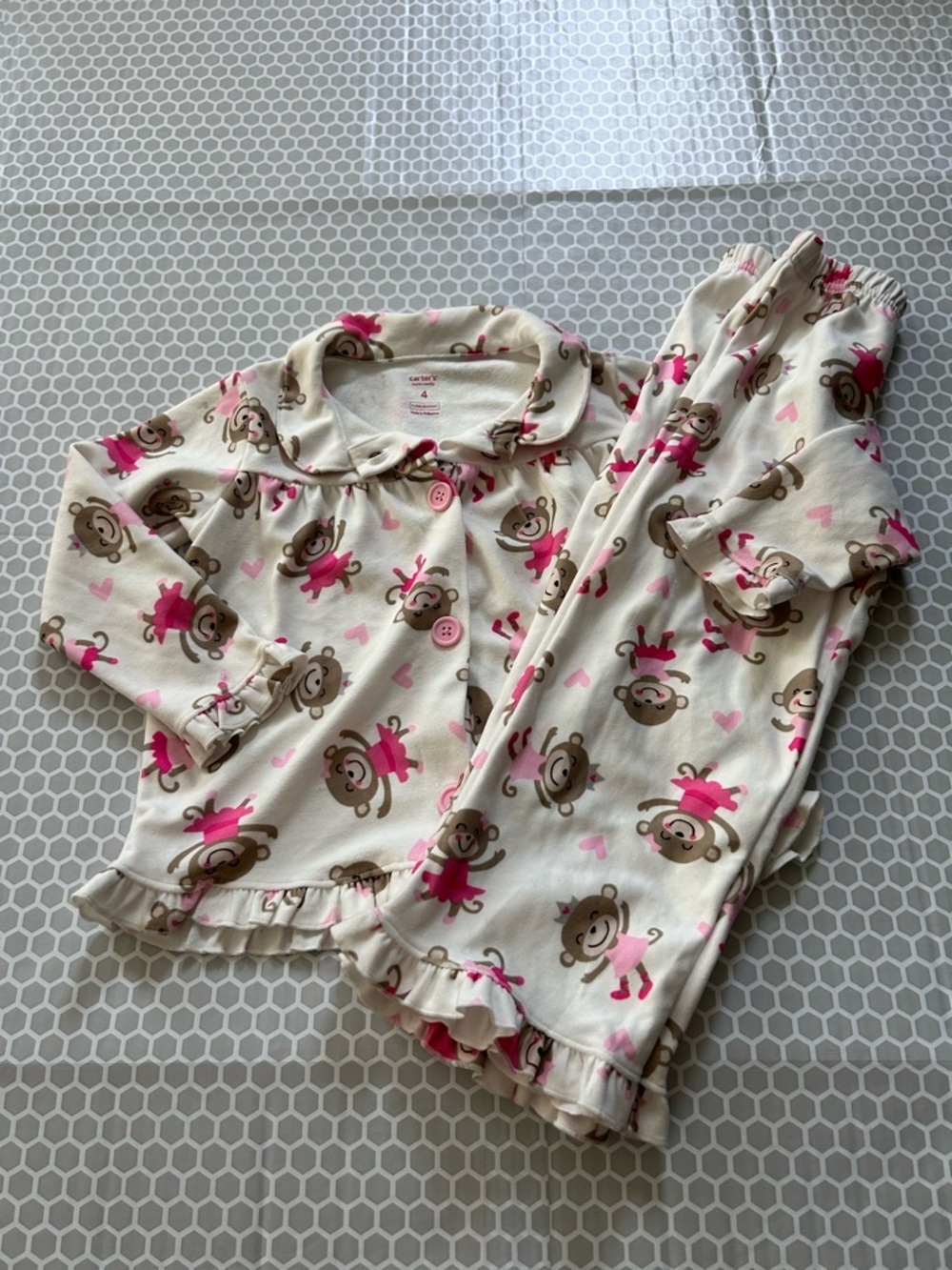 Carter's Cream and Pink Monkey Pajama Set. Size 4